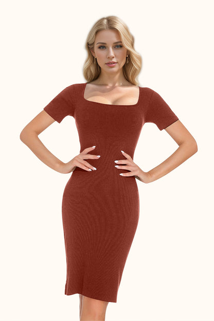 Basic Bae Full Size Built-In Shapewear Square Neck Short Sleeve Dress