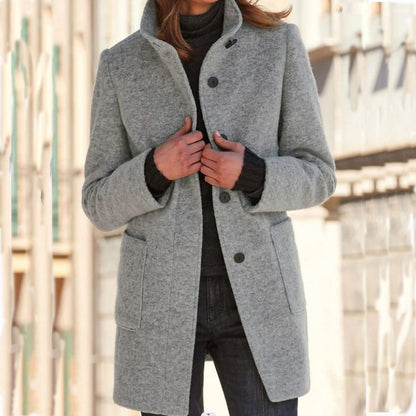 Fashion Stand Collar Woolen Coat With Pockets Fall Winter Casual Button Outwear For Women Clothing